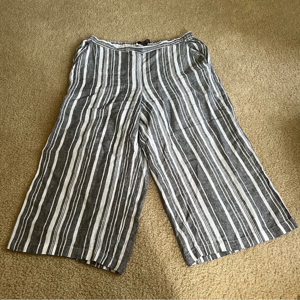 Ellen Tracy 100% Linen Cropped Pants Size Large Striped Gray Wide Leg Pants